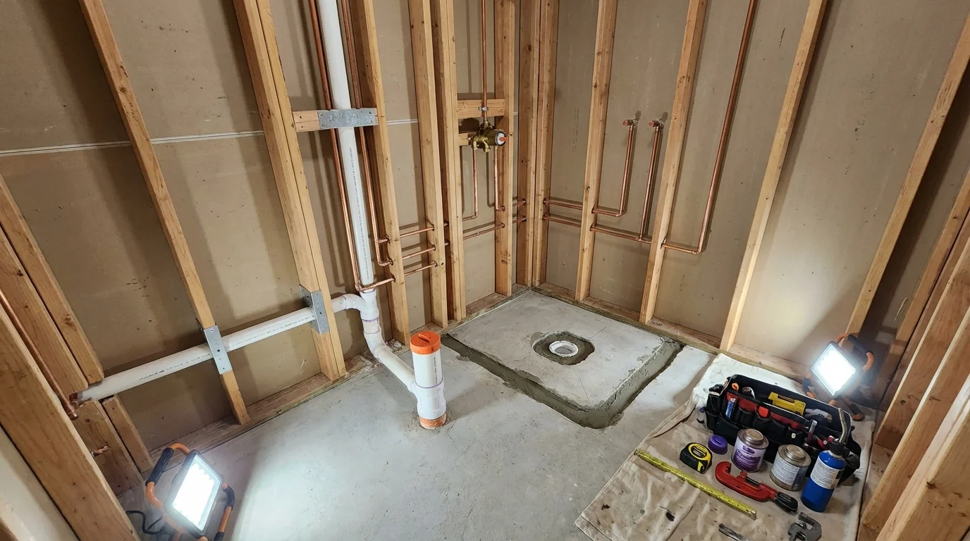 Bathroom rough-in plumbing during remodel by Johns Plumbing LLC in West Chester