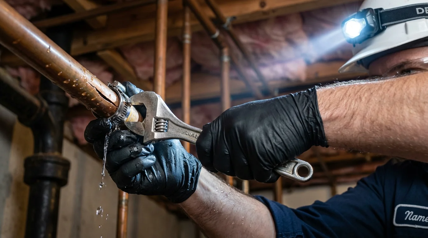 Emergency pipe clamp repair being performed by a Johns Plumbing LLC plumber in West Chester