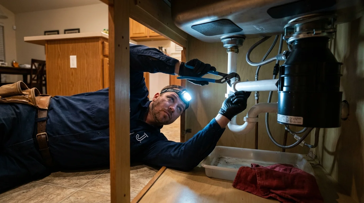 P-trap and supply line connections under a kitchen sink showing a common leak point in West Chester, PA